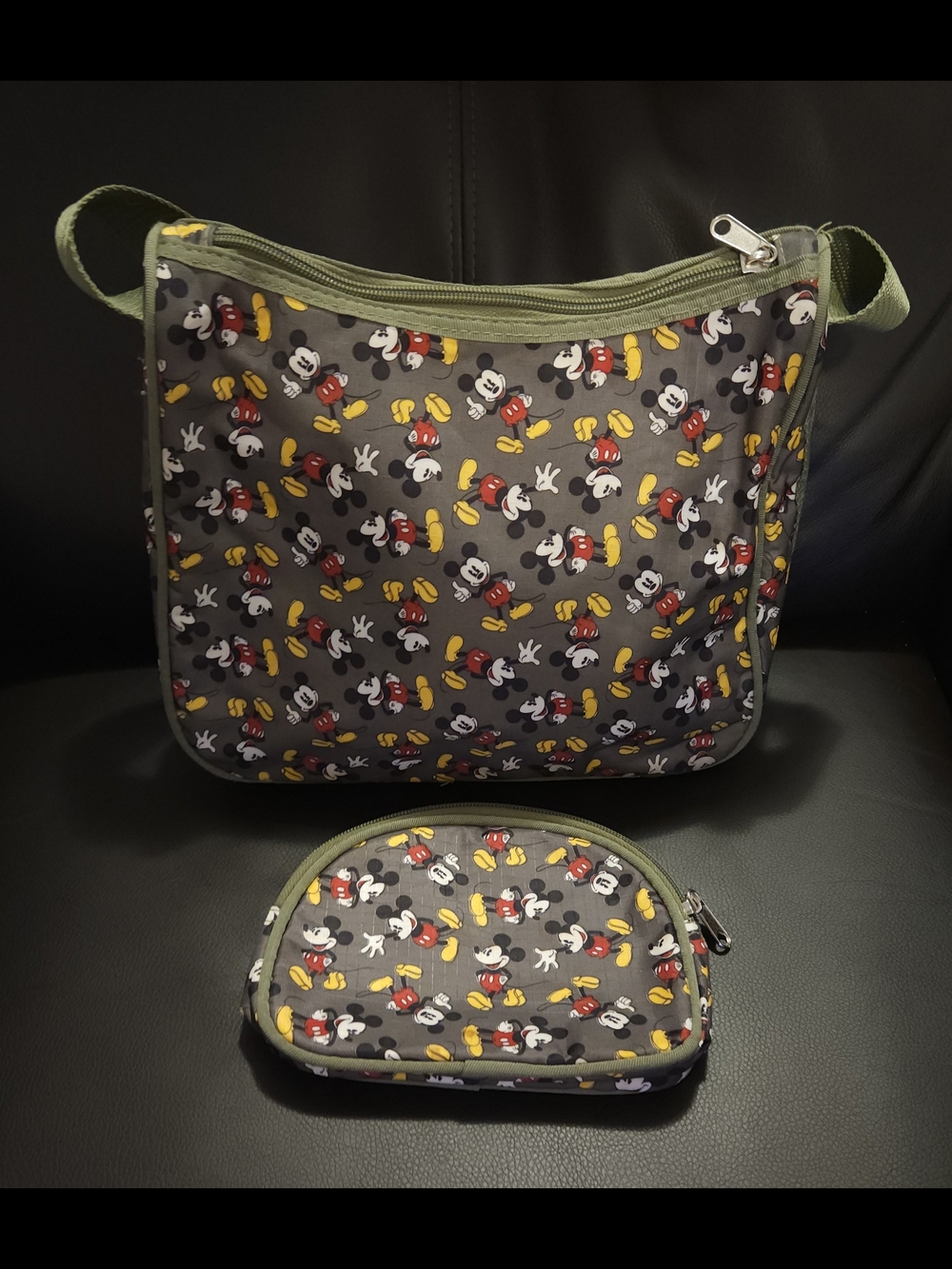 Disney Mickey Mouse Olive Green Crossbody Bag with Matching Pouch